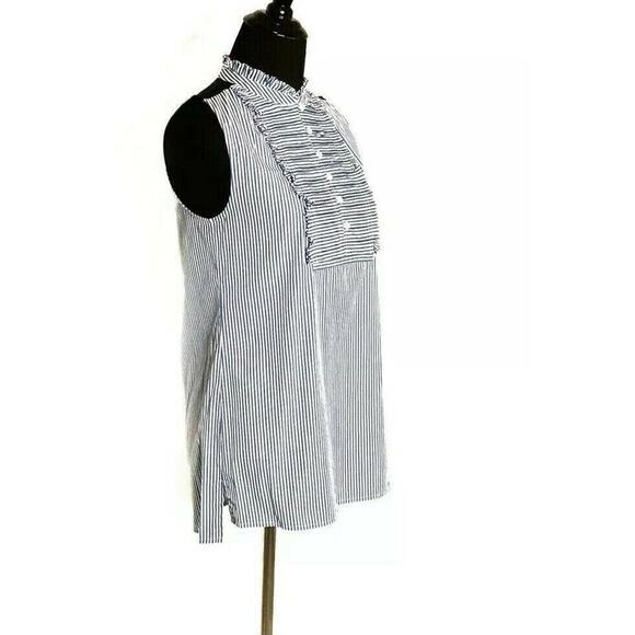J. Crew Blue White Pinstripe Ruffle Sleeveless Top Size 0 - Picture 2 of 6